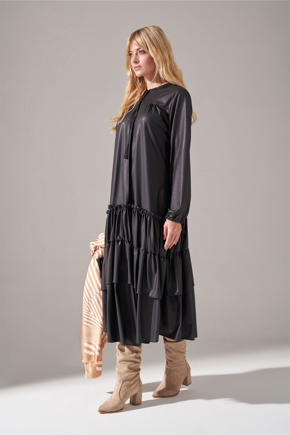 Leather Detailed Layered Dress (Black)