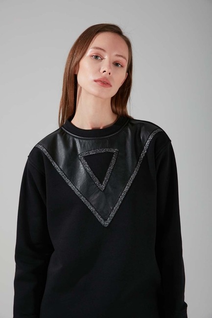Mizalle - Leather Detailed Sweatshirt (Black)
