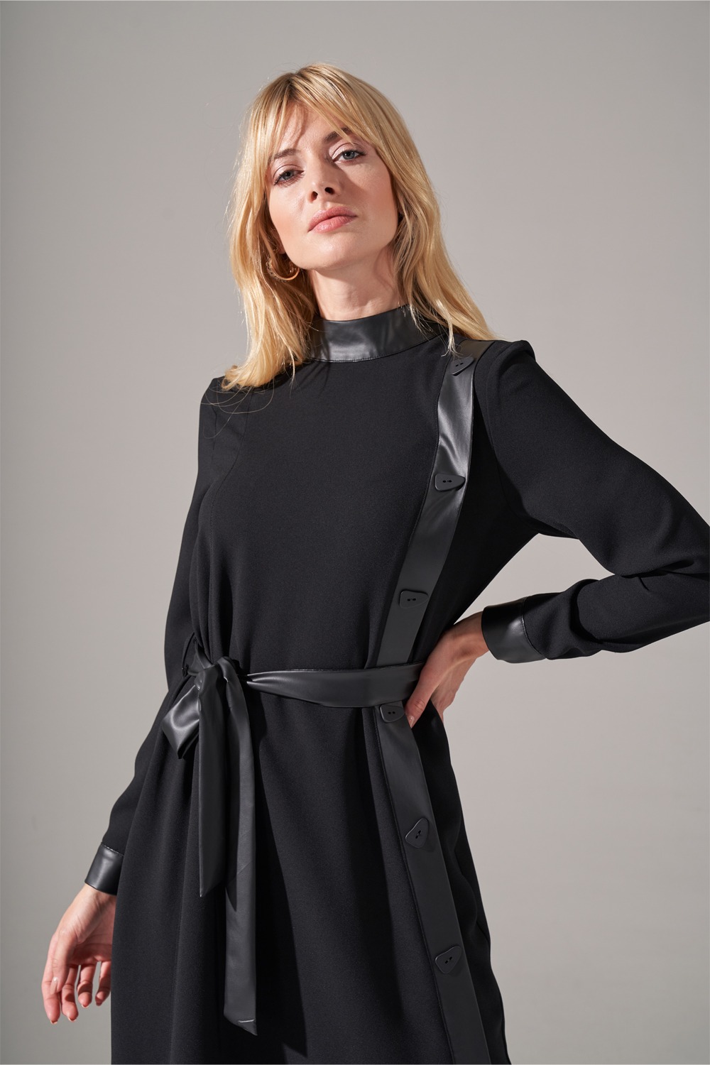 Leather Striped Crepe Dress (Black)