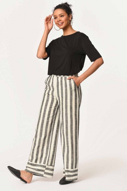 Mizalle - Linen Striped Waist Trousers (Ecru/Anthracite) 