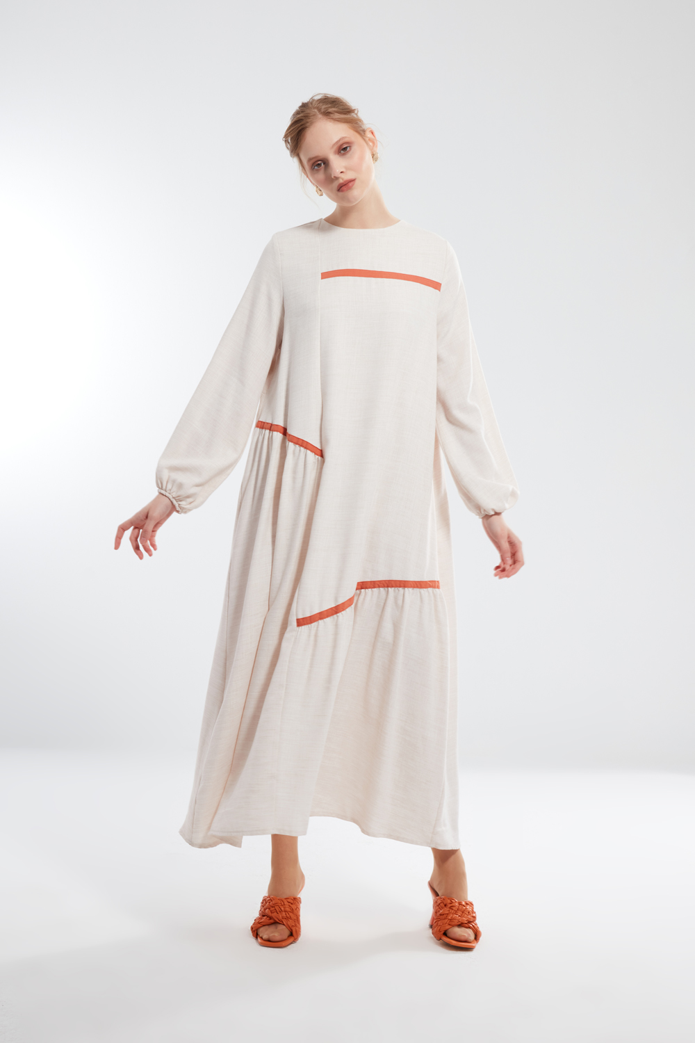 Linen Textured Beige Long Dress