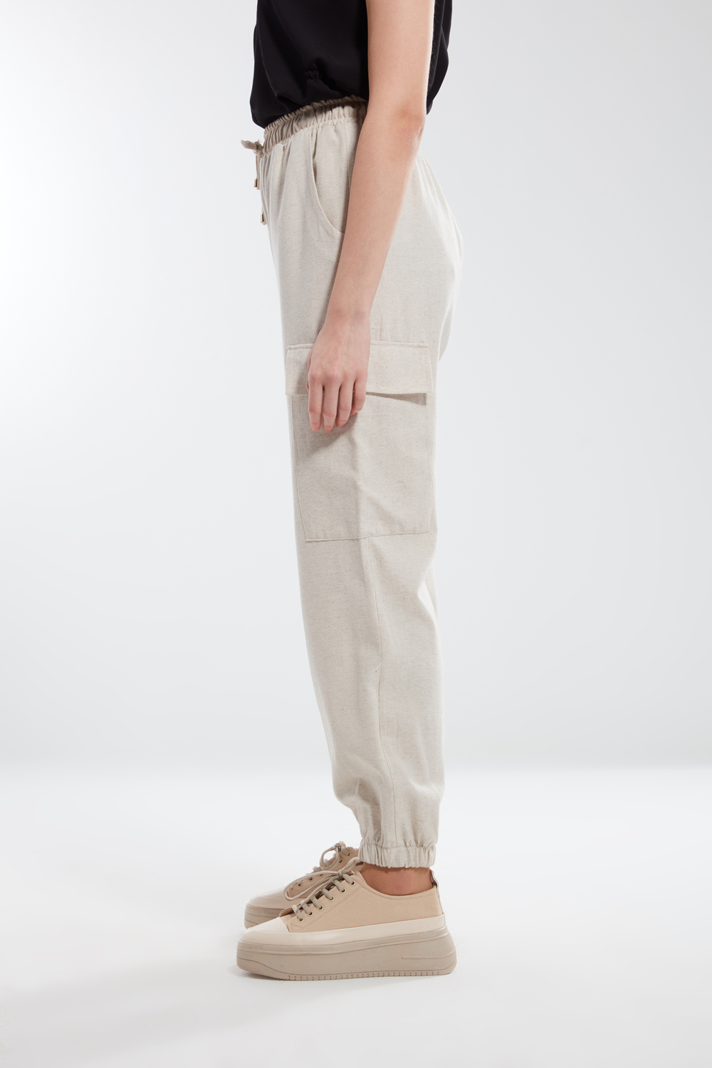 Linen Textured Patterned Cargo Pocket Trousers