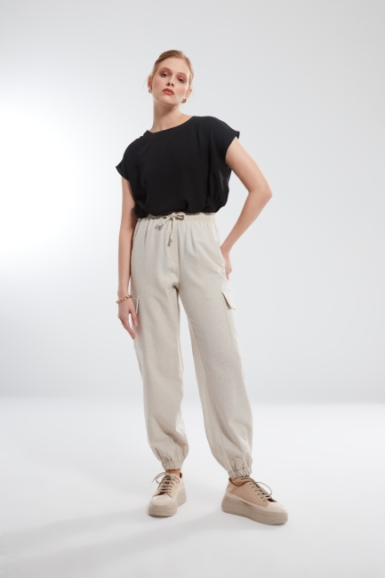 Mizalle - Linen Textured Patterned Cargo Pocket Trousers