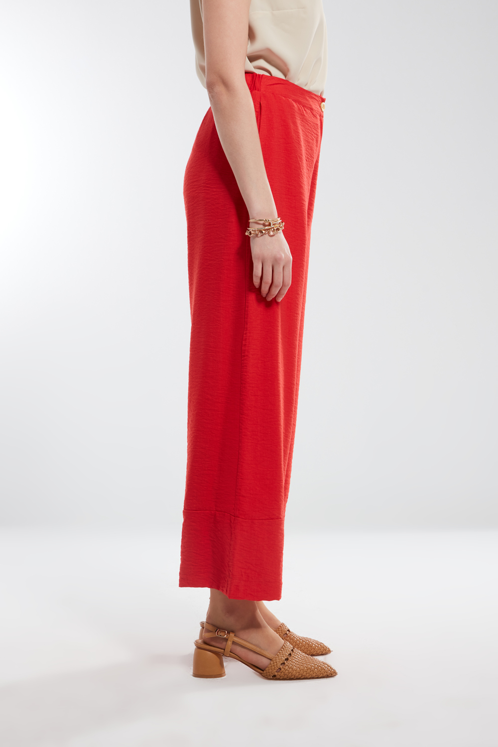 Linen Textured Pomegranate Blossom Palazzo Trousers
