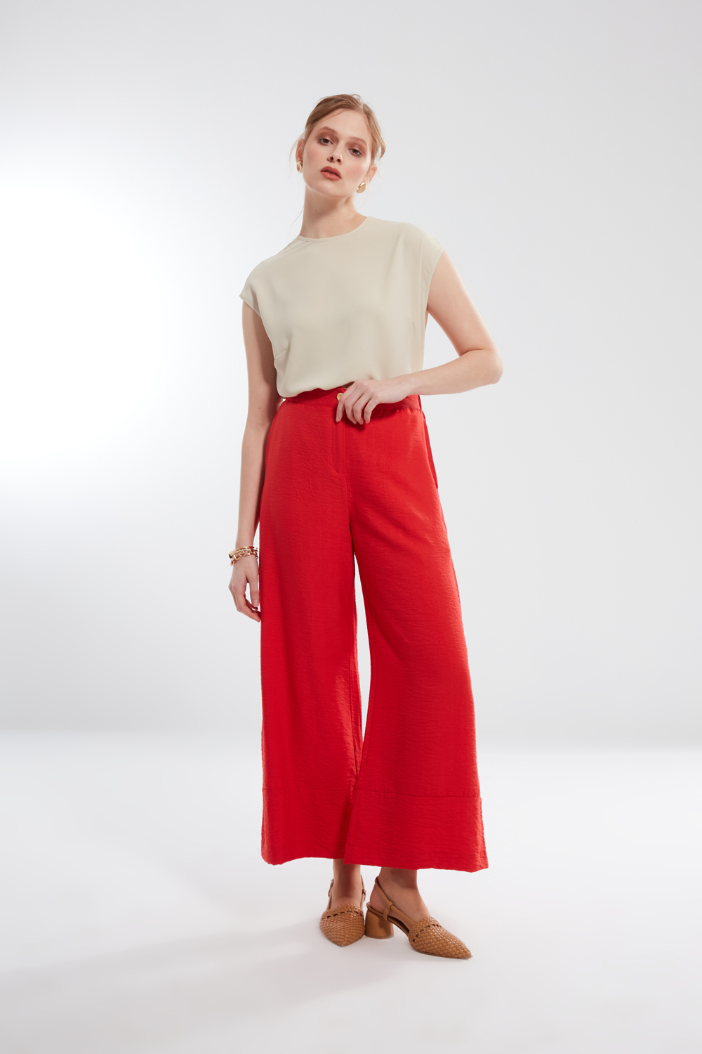 Linen Textured Pomegranate Blossom Palazzo Trousers