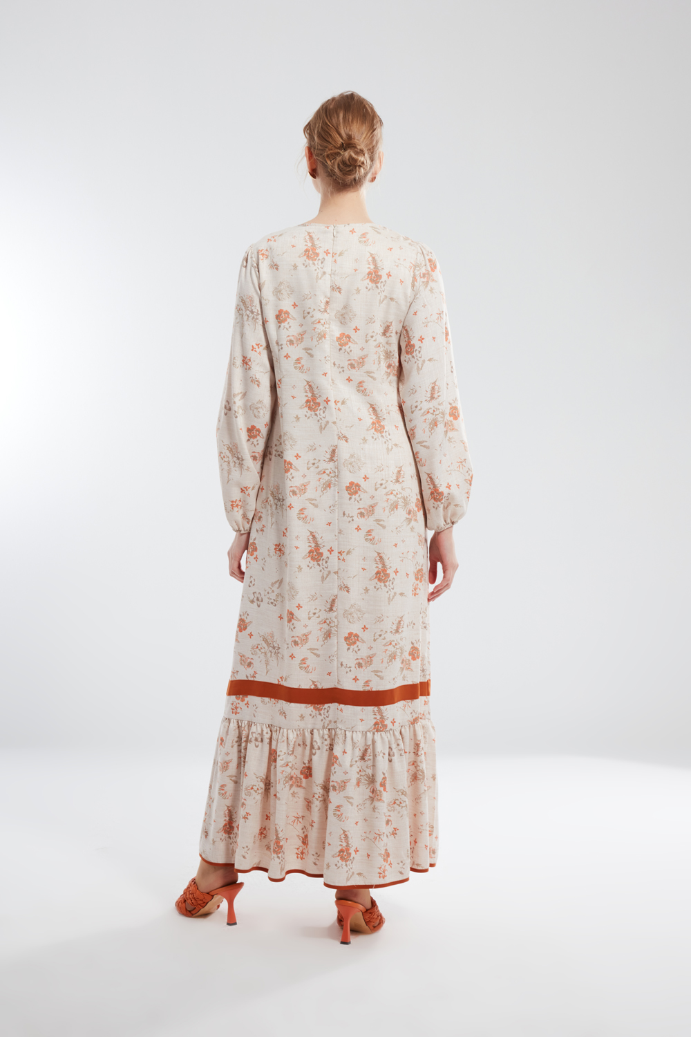 Linen Textured Ruffle Detailed Tile Long Dress