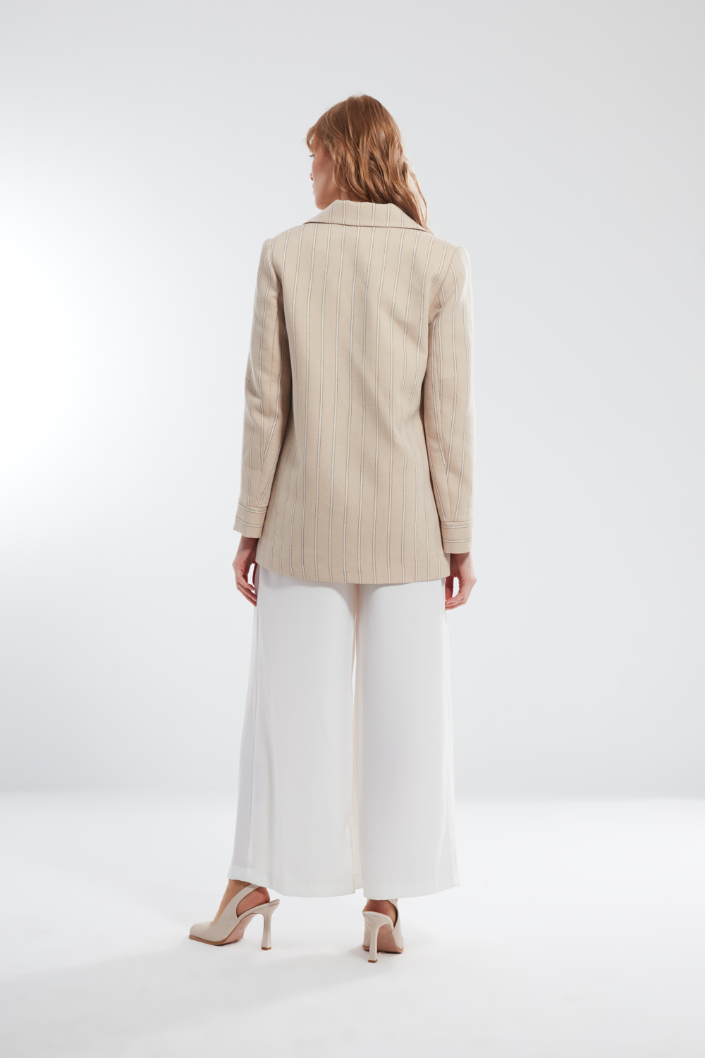 Linen Textured Striped Beige Blazer Jacket