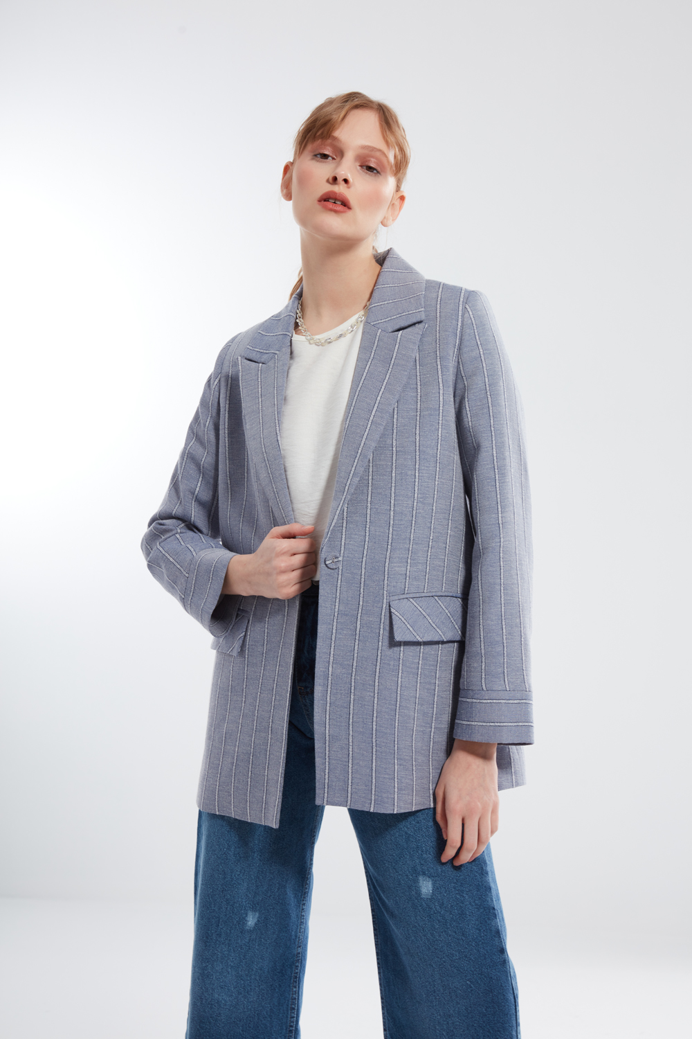Linen Textured Striped Indigo Blazer Jacket