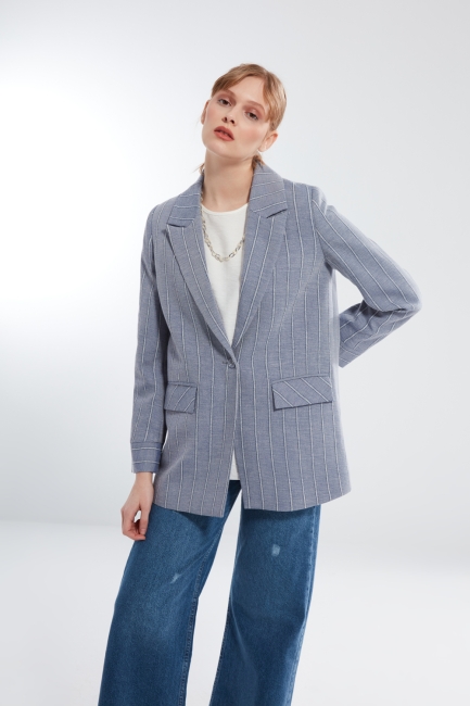 Mizalle - Linen Textured Striped Indigo Blazer Jacket