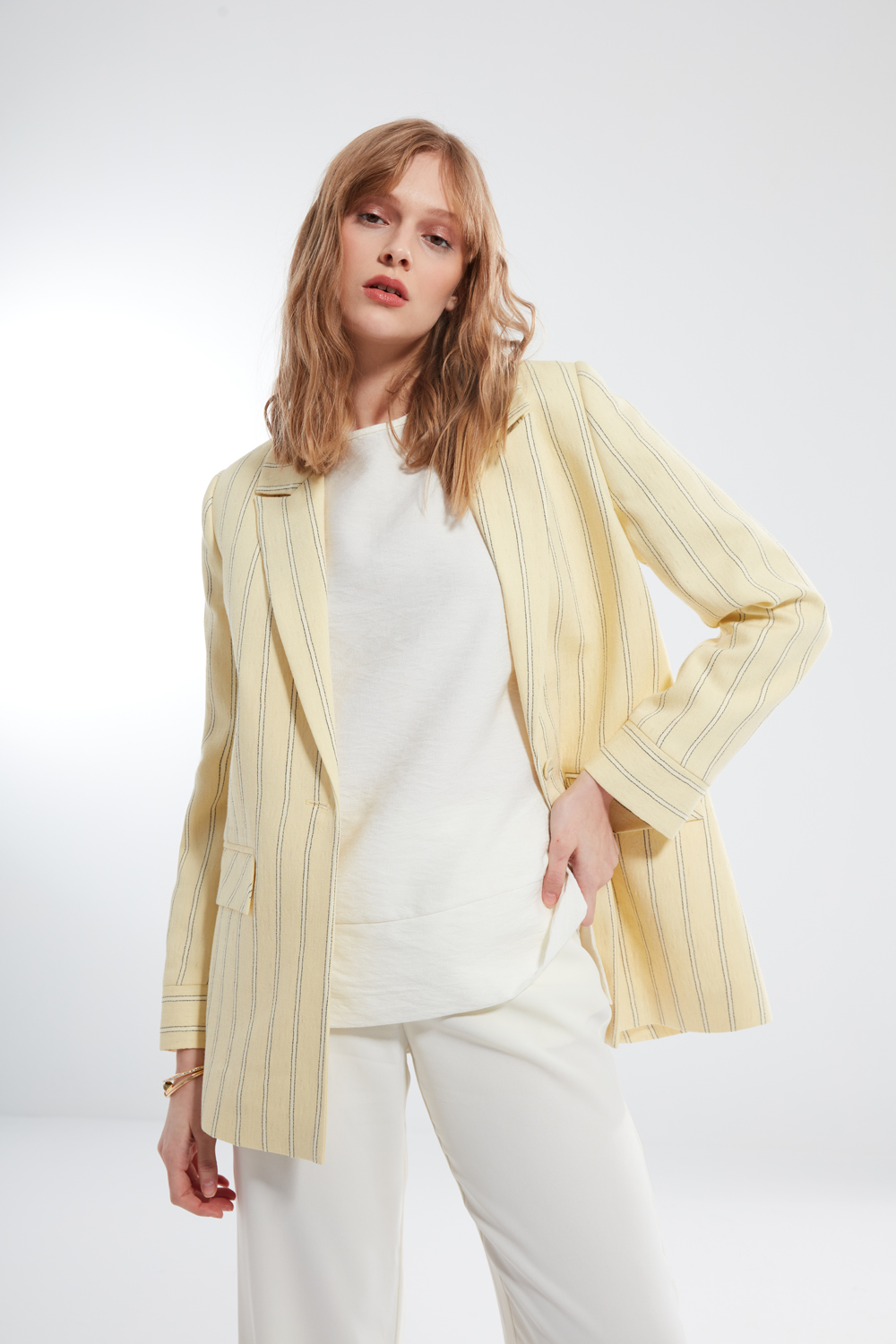 Linen Textured Striped Yellow Blazer Jacket
