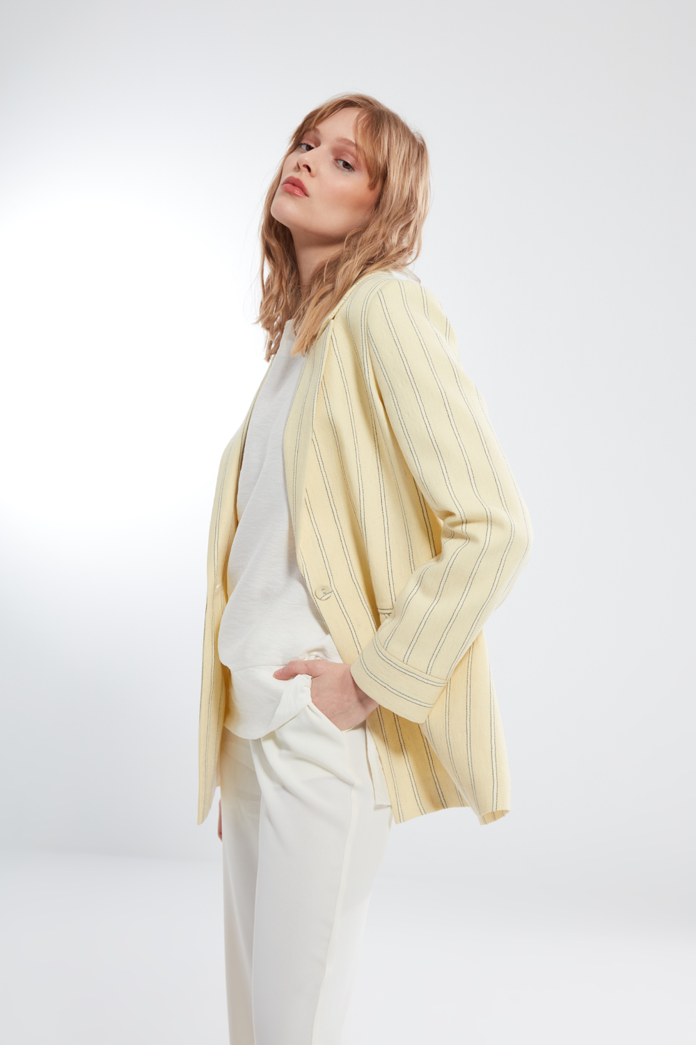 Linen Textured Striped Yellow Blazer Jacket