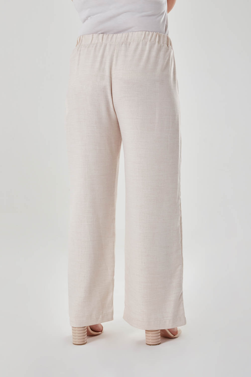 Linen Textured Wide Leg Beige Trousers