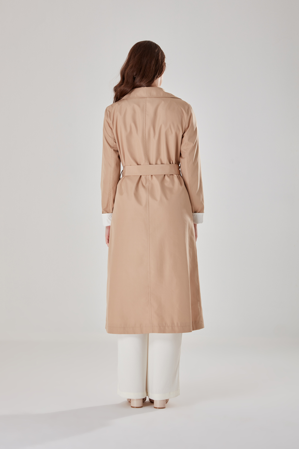 Long Beige Trench Coat With Coloured Collar