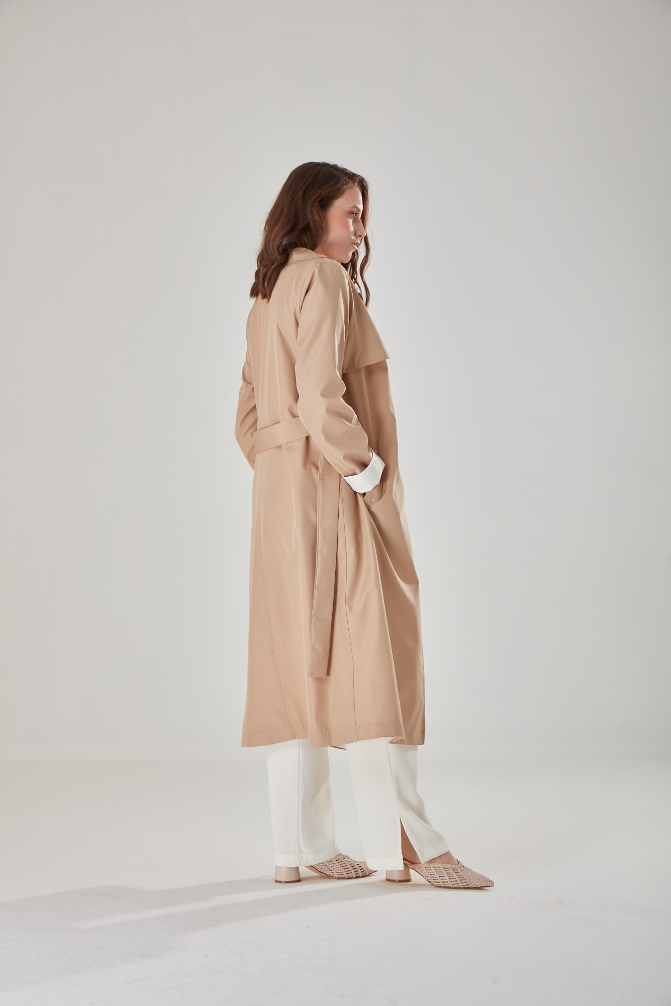 Long Beige Trench Coat With Coloured Collar