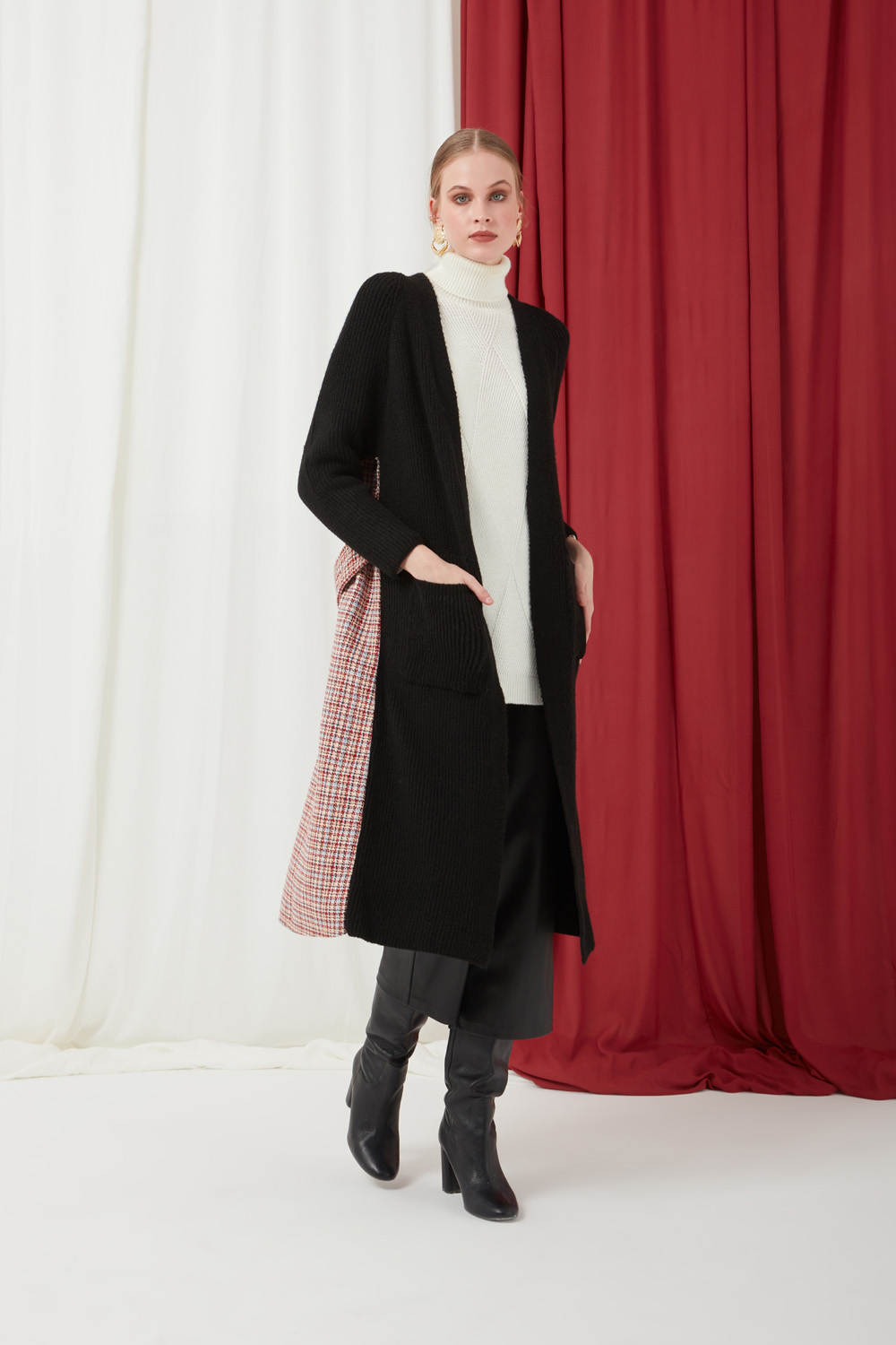 Long Black Cardigan with Textured Back
