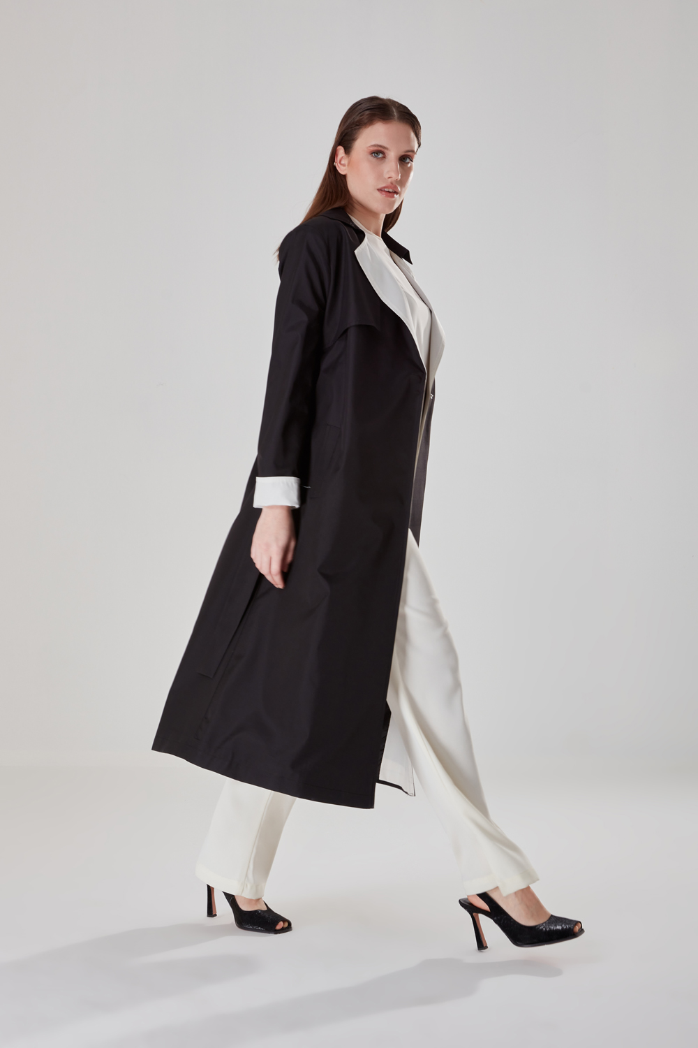 Long Black Trench Coat With Coloured Collar