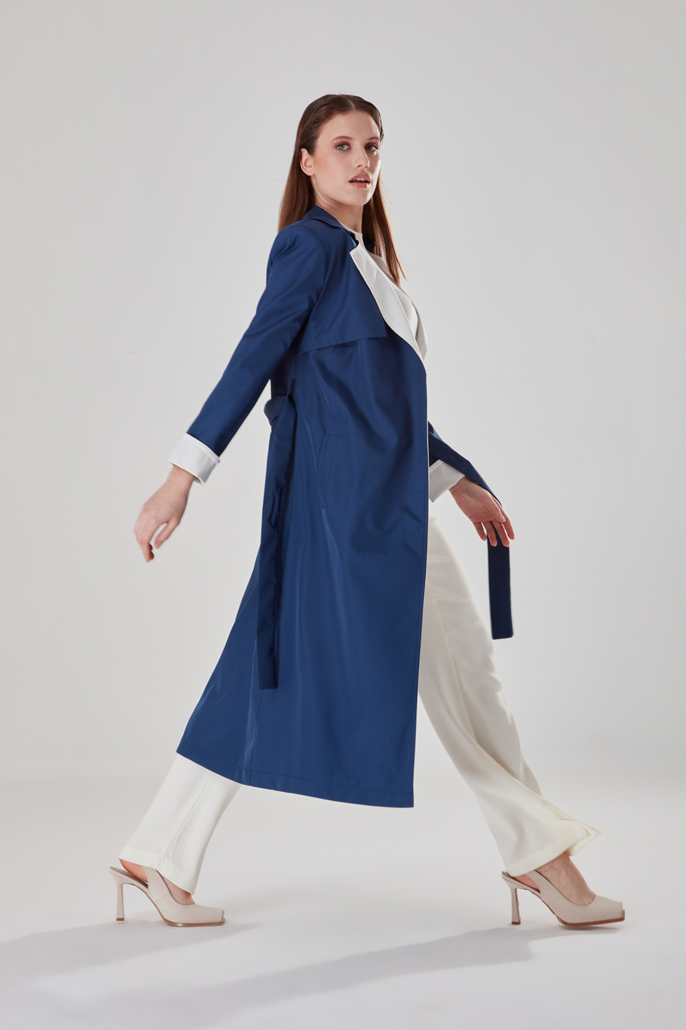 Long Indigo Trench Coat With Coloured Collar