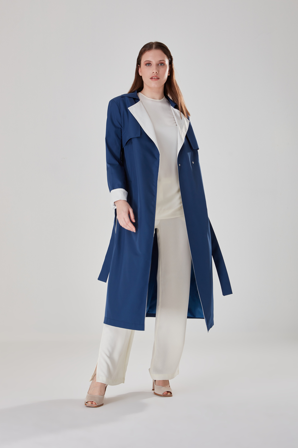 Long Indigo Trench Coat With Coloured Collar
