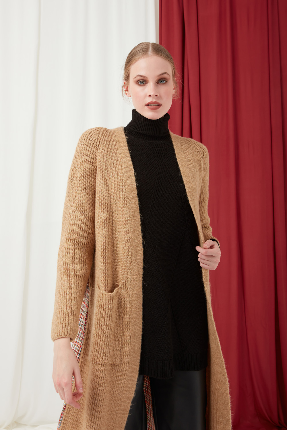 Long Mink Color Cardigan with Textured Back