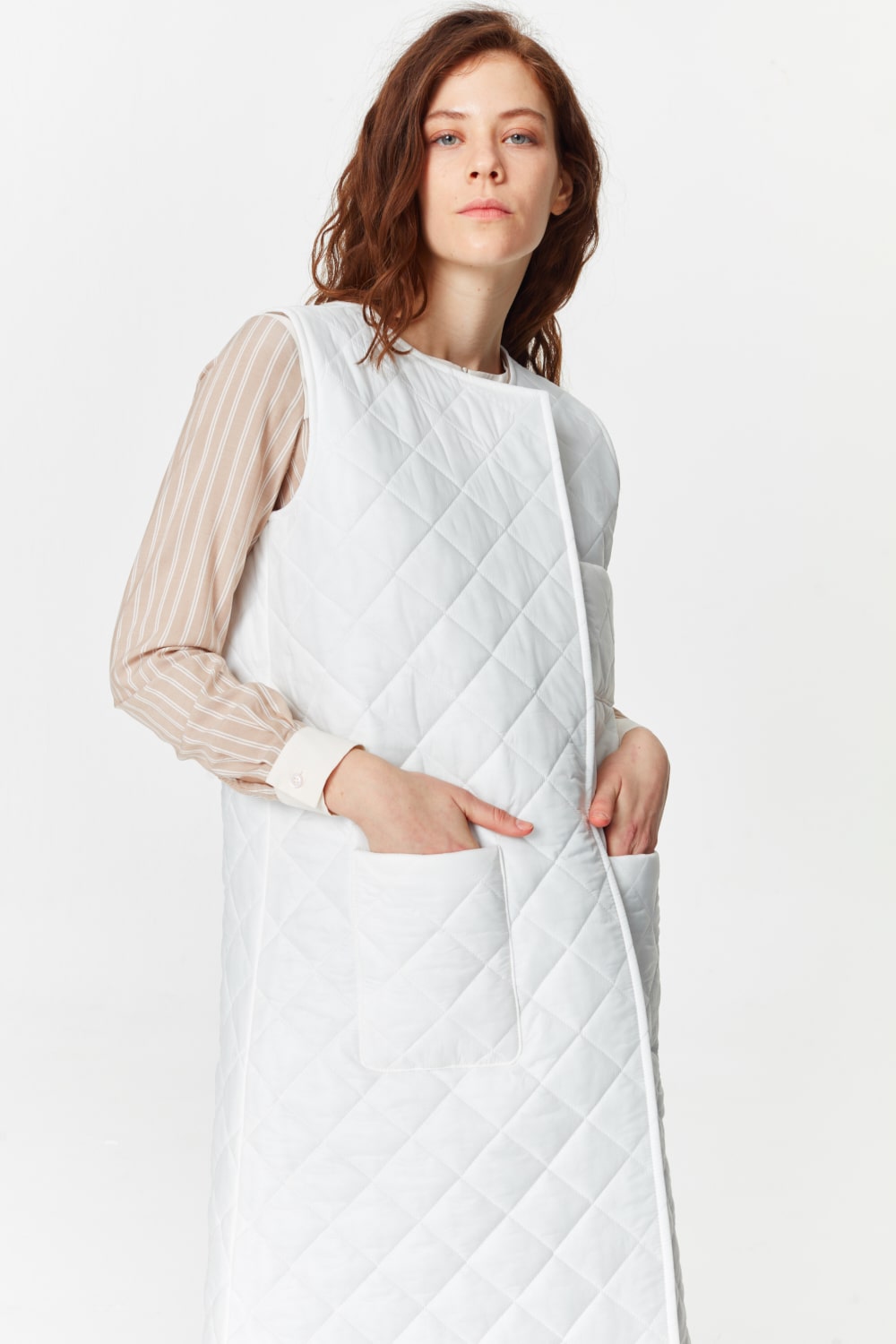 Luxury Quilted Long Vest (White) 