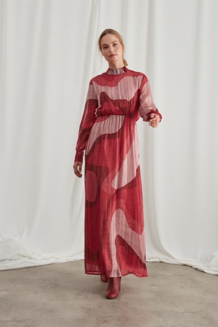 Mizalle - Metallic Printed Patterned Burgundy Dress