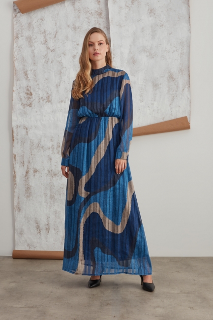 Mizalle - Metallic Printed Patterned Indigo Dress