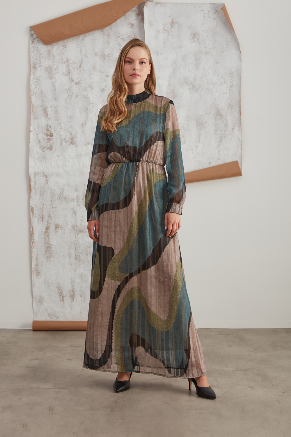 Metallic Printed Patterned Khaki Dress