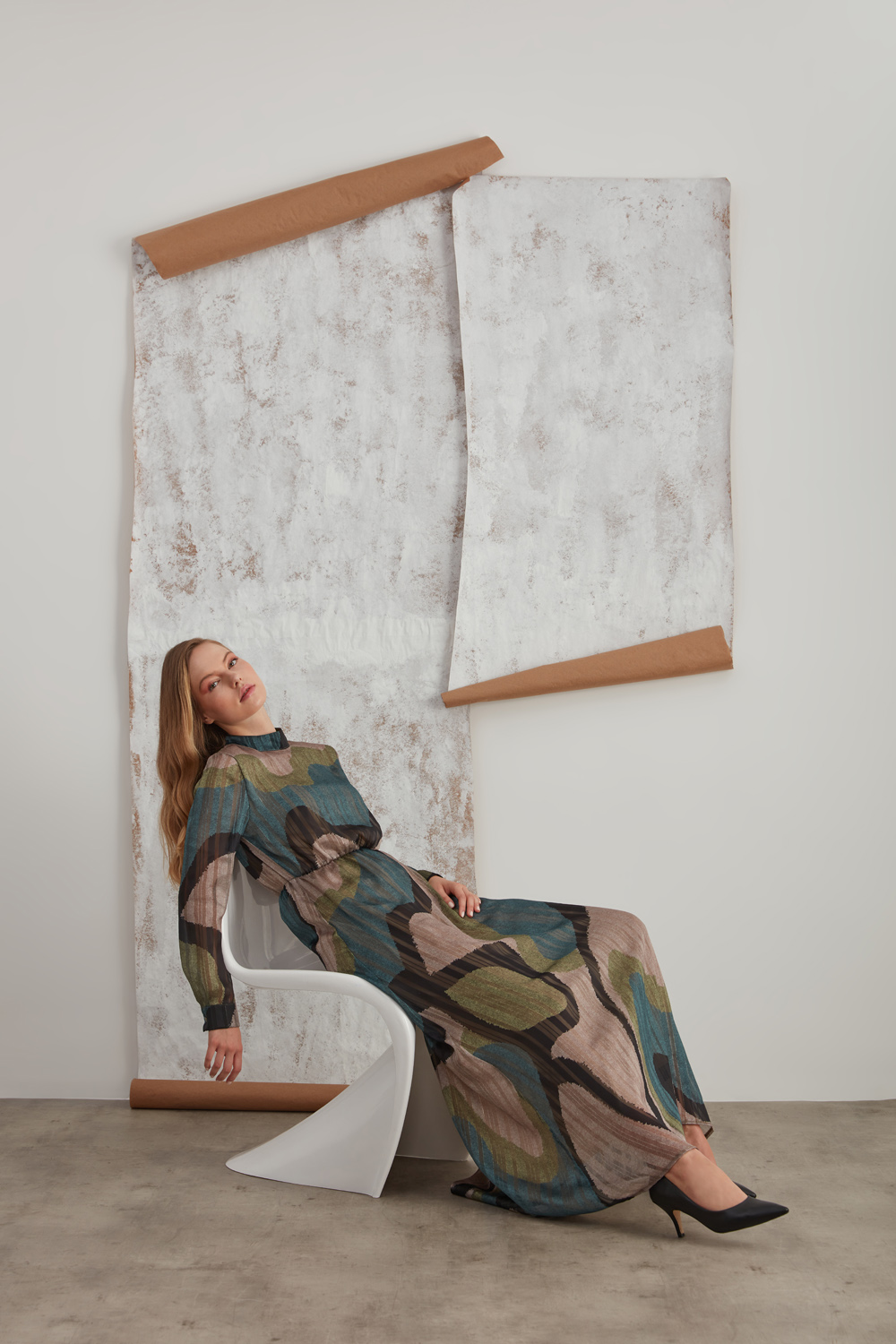 Metallic Printed Patterned Khaki Dress