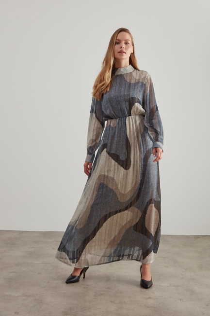 Mizalle - Metallic Printed Patterned Mink Color Dress