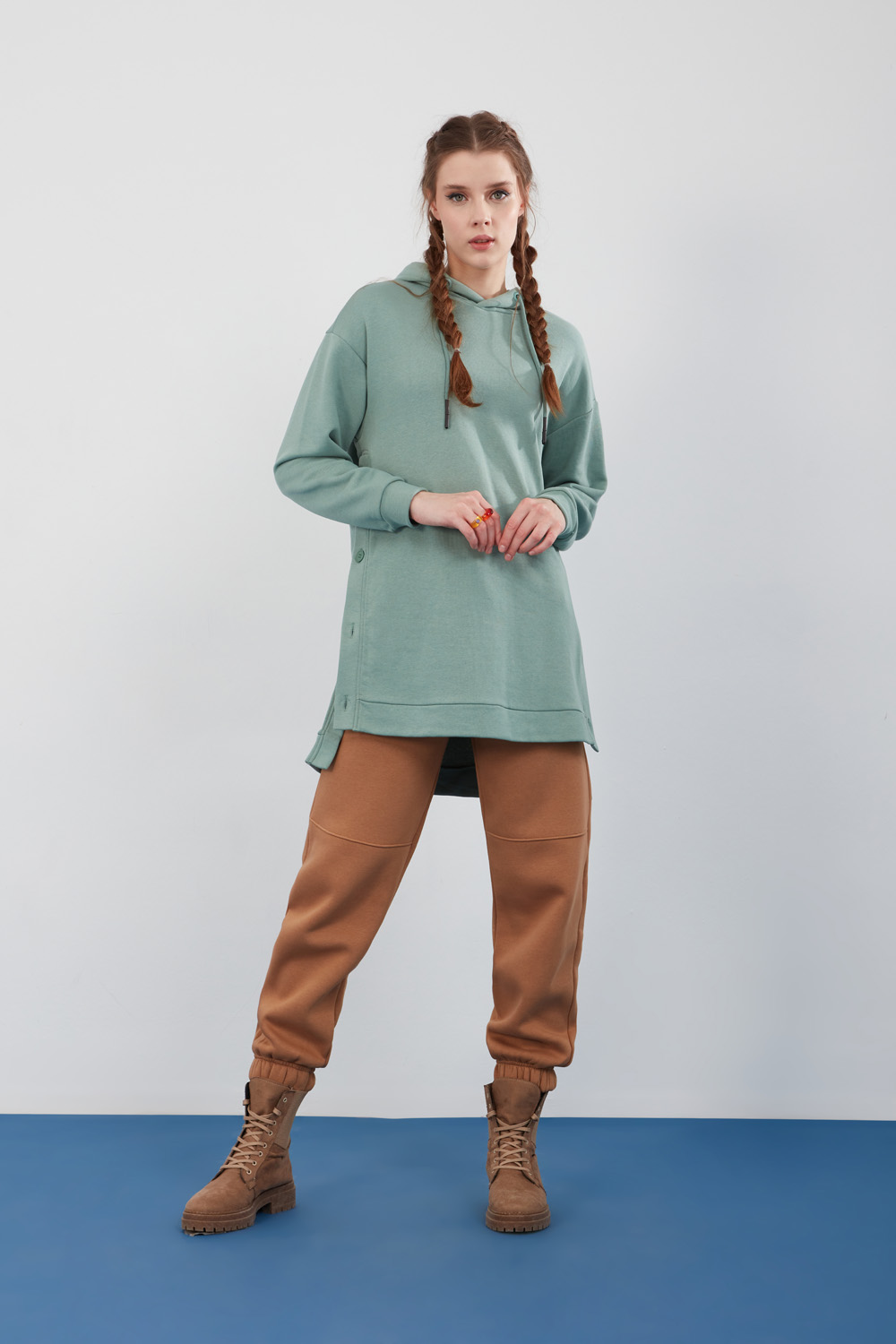 Mint Hooded Sweatshirt with Side Buttons