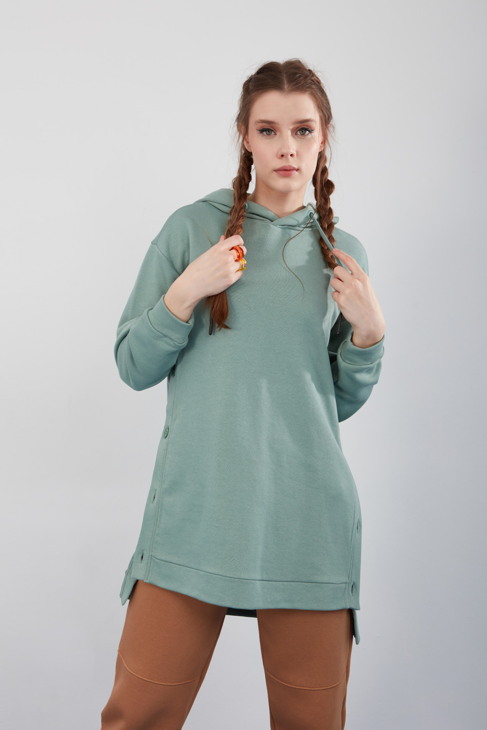 Mint Hooded Sweatshirt with Side Buttons