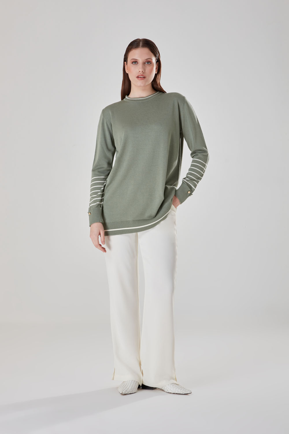 Mint Knitwear Tunic with Stripe Sleeves Patterned