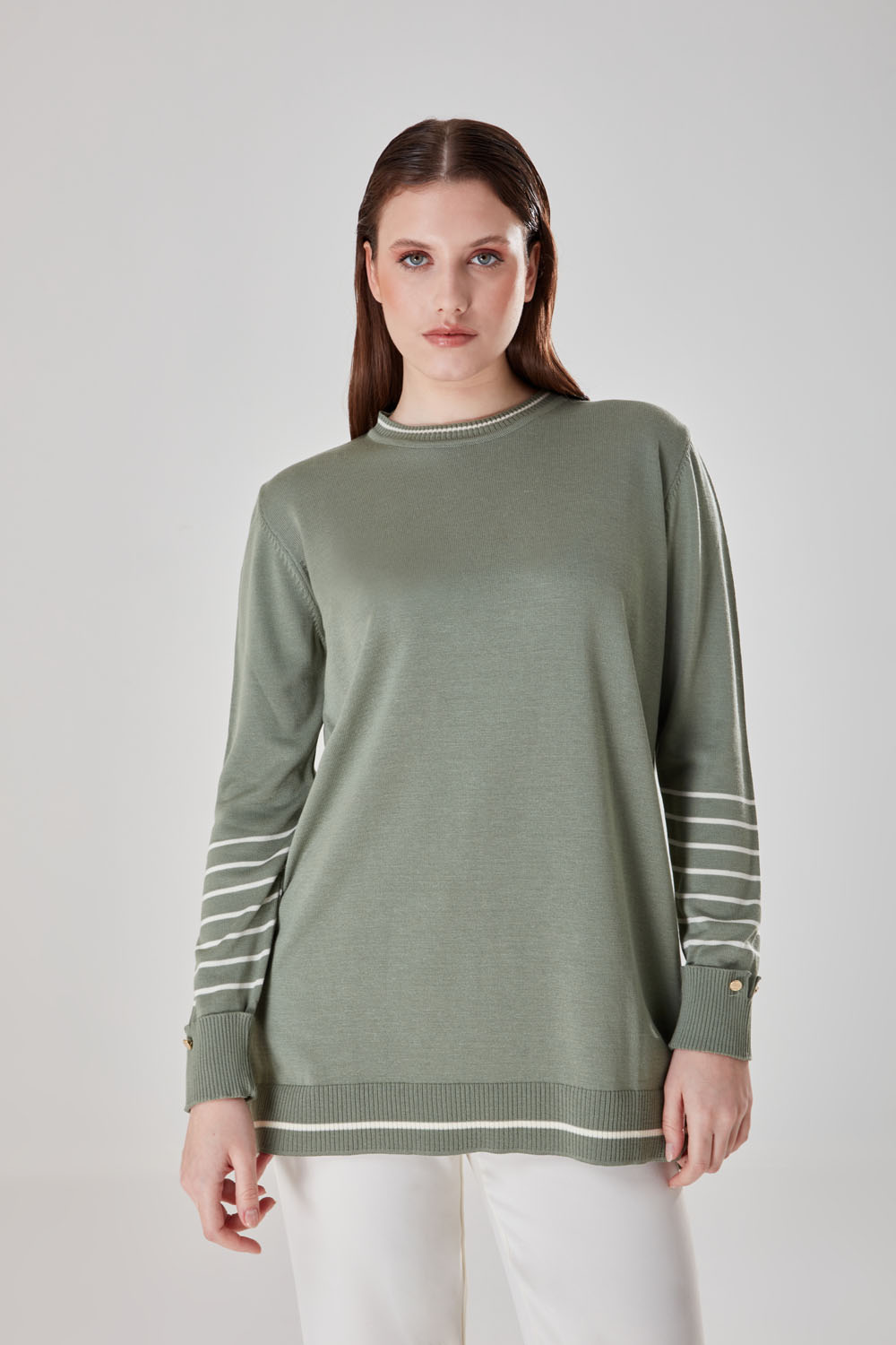 Mint Knitwear Tunic with Stripe Sleeves Patterned
