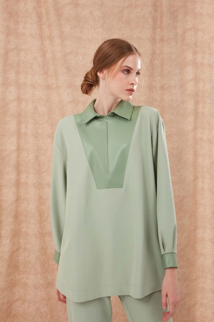 Mizalle - Mint Tunic with Faux Leather Details