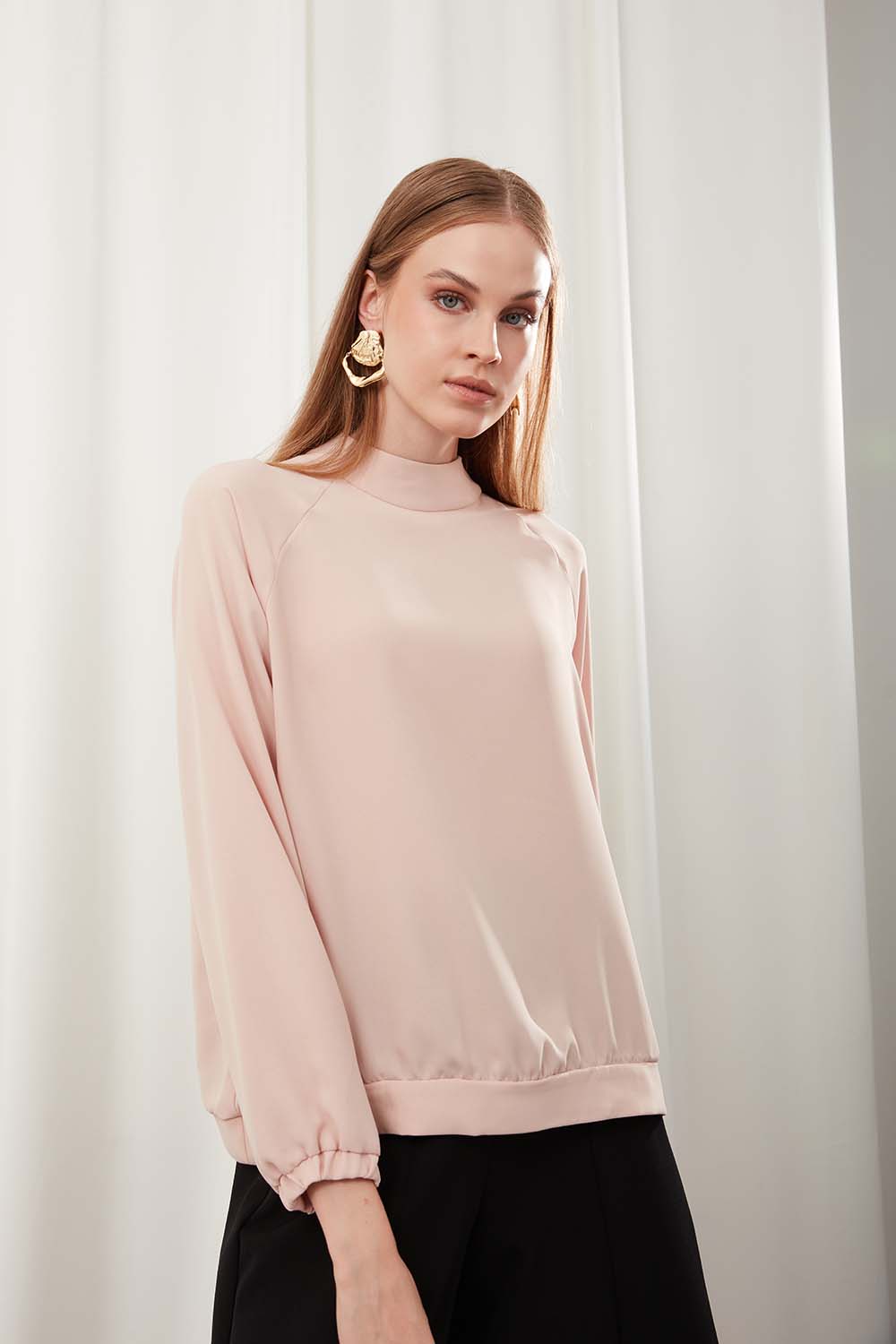 Nude High Neck Blouse with Shirred Sleeves