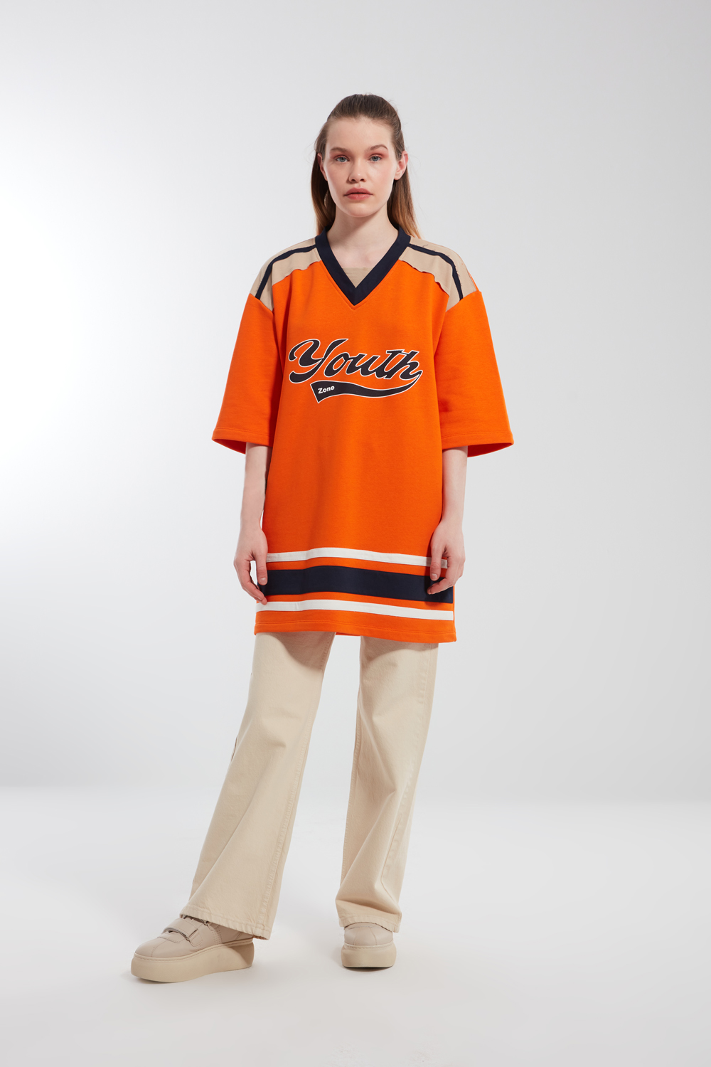 Orange Oversize T-Shirt With Youth Plastic Print Caracters