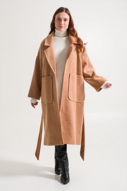 Mizalle - Oversize Tan Cachet Coat with Wide Pockets