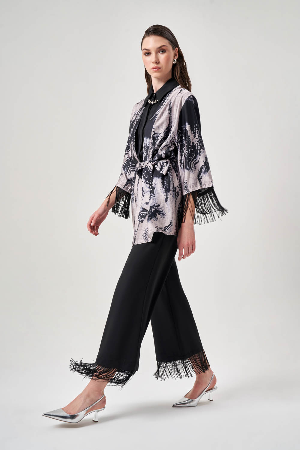 Patterned Fringed Black Kimono
