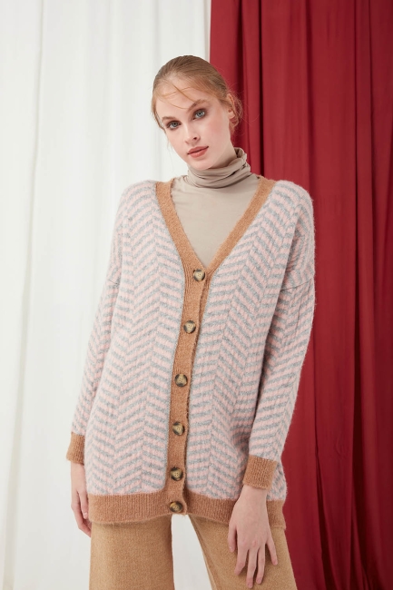 Mizalle - Patterned Mink Color Tricot Cardigan