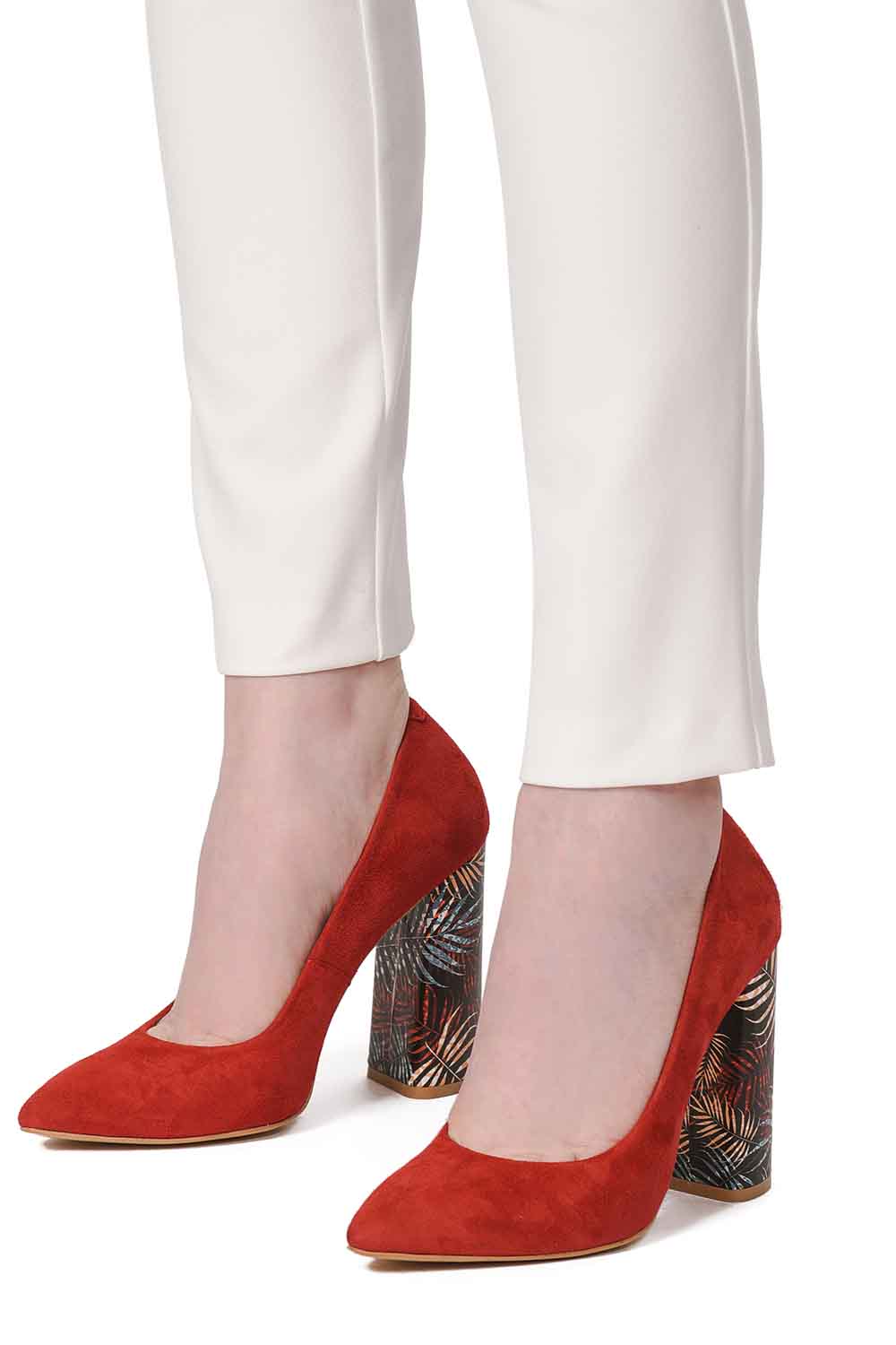 Patterned Thick Heeled Leather Shoes (Orange-Red)