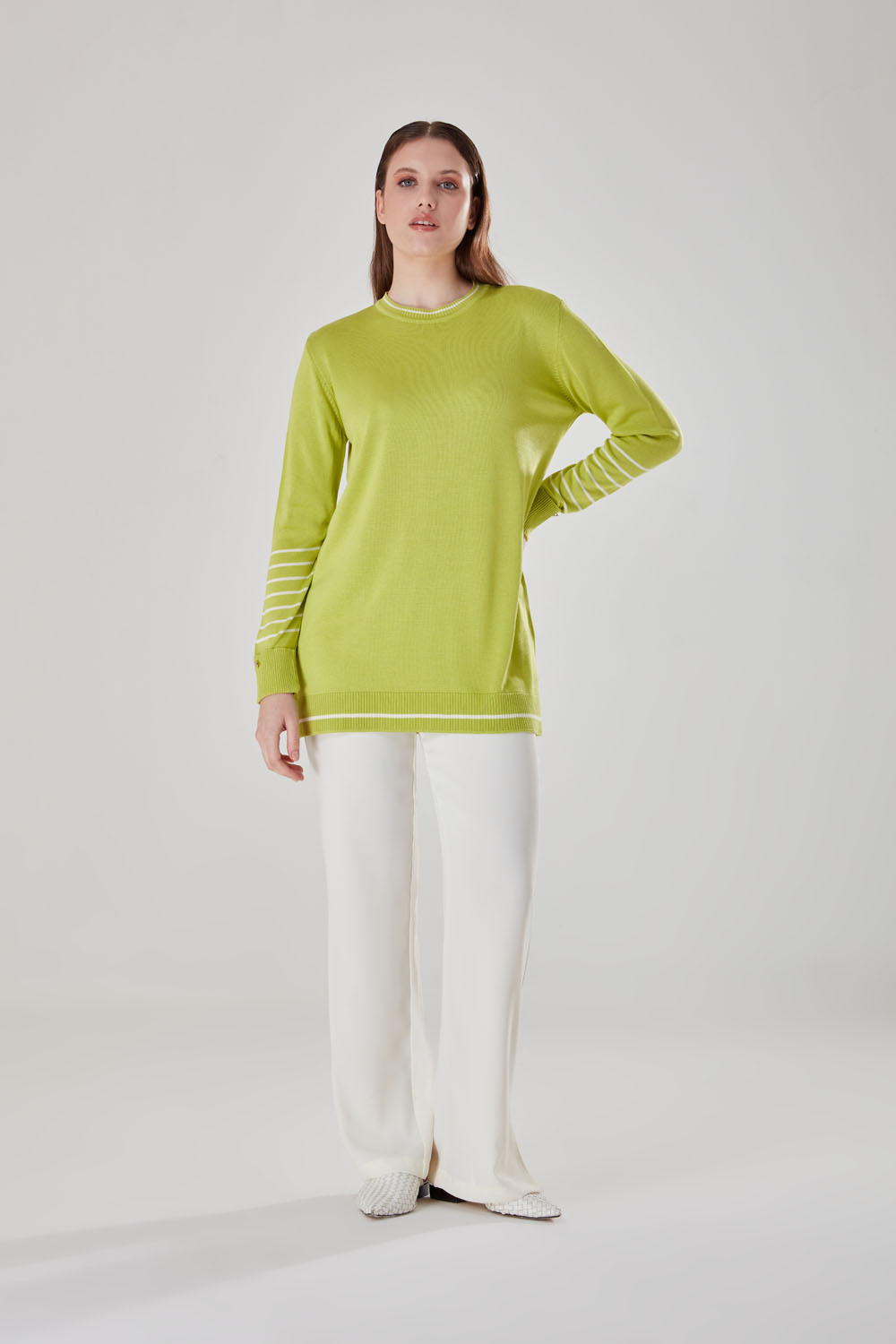 Pistachio Knitwear Tunic with Stripe Sleeves Patterned