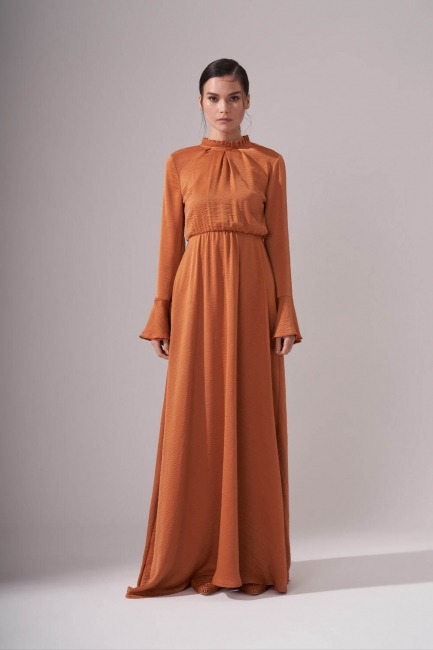 Mizalle - Pleated Collar Patterned Dress (Cinnamon)
