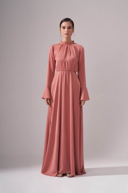 Mizalle - Pleated Collar Patterned Dress (Powder Pink)