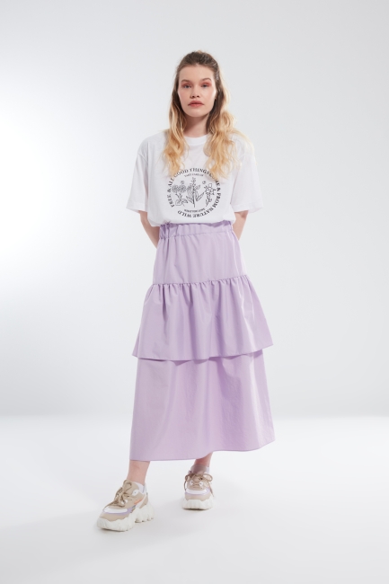 Mizalle - Pleated Waist Lilac Tiered Skirt