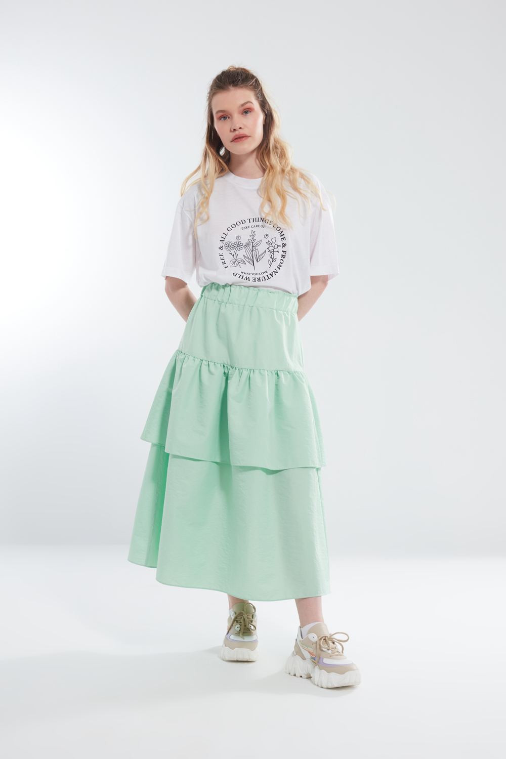 Pleated Waist Mint Tiered Skirt