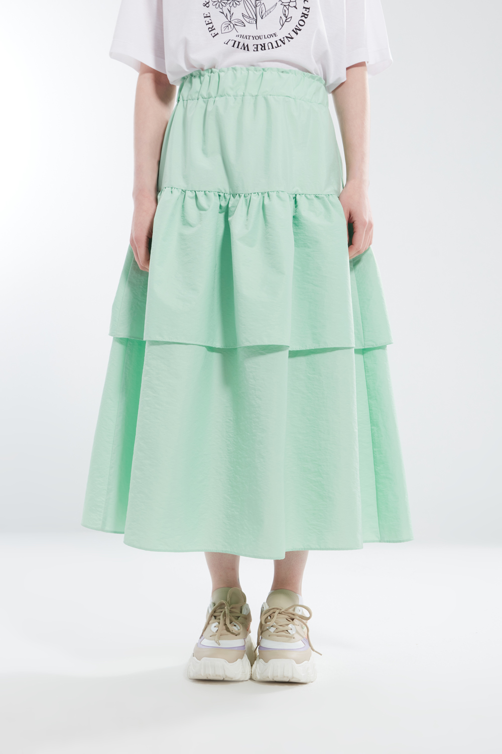 Pleated Waist Mint Tiered Skirt