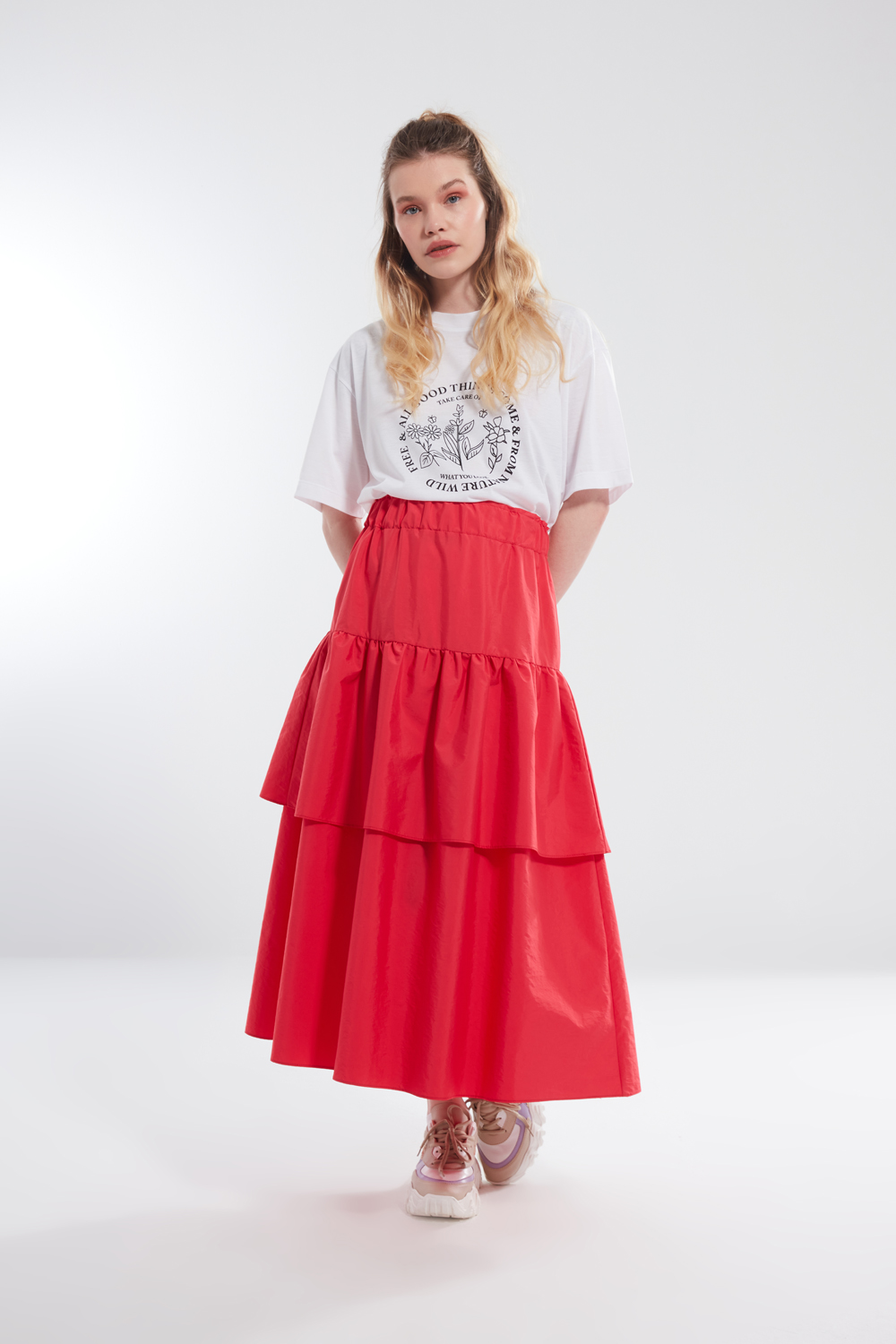 Pleated Waist Pomegranate Blossom Tiered Skirt