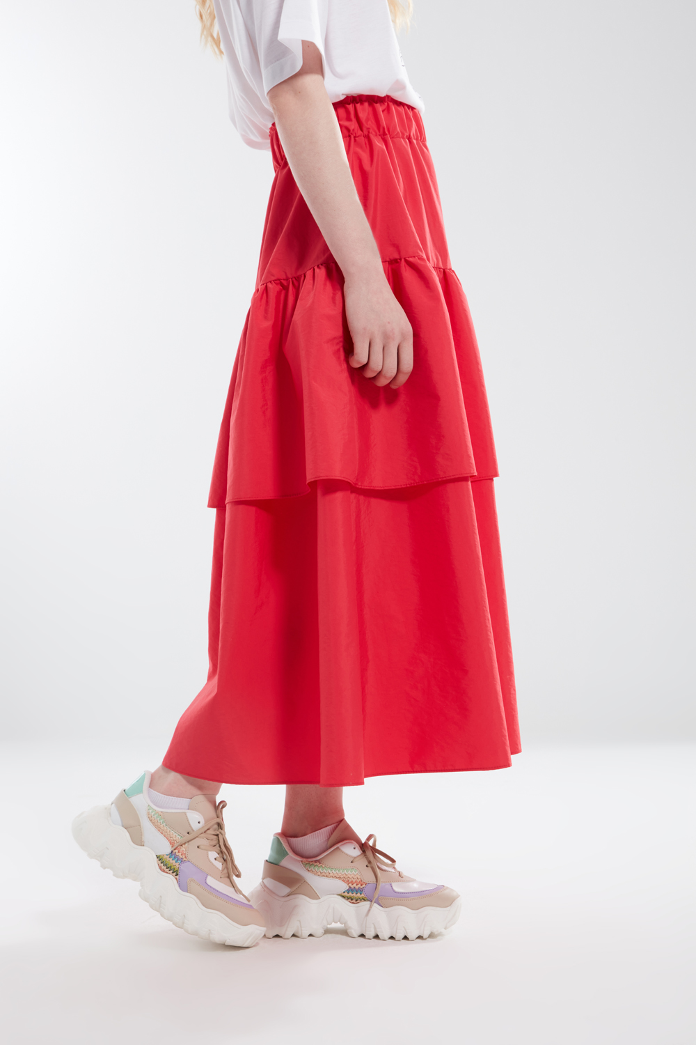 Pleated Waist Pomegranate Blossom Tiered Skirt