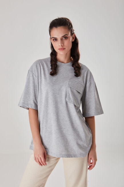 Mizalle - Pocket Detailed Gray Melange T-Shirt