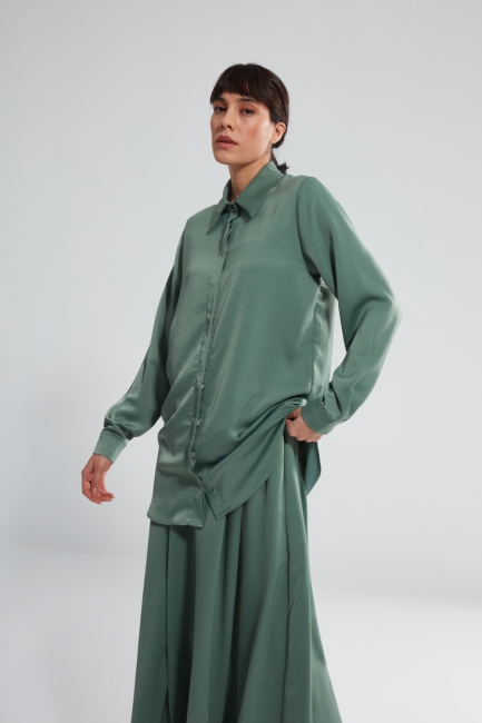 Mizalle - Pop Mint Shirt with Concealed Pointed Collar